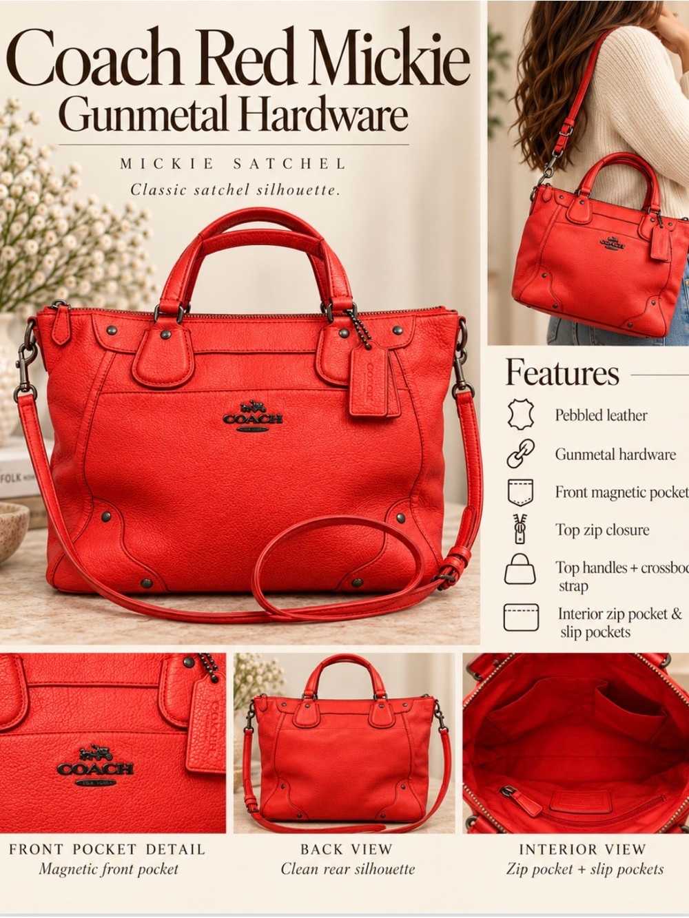 Coach Red Pebbled Leather Mickie Satchel with Gunmetal Hardware